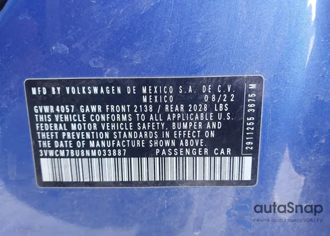 2022 Volkswagen Jetta 1.5T S z USA, uszkodzony, nr VIN 3VWCM7BU8NM033887